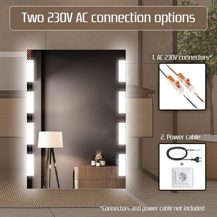 Venti Rechteckiger LED Badspiegel 50 × 70 cm, Seitlichen Leuchtmustern | LED Wandspiegel, Touchschal