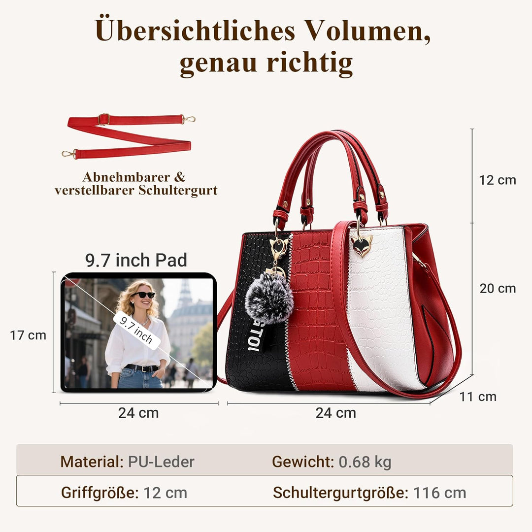 DIRRONA Damen Handtasche, PU Leder Handtasche mit Farbblock-Design und elegantem Anhänger, stilvolle