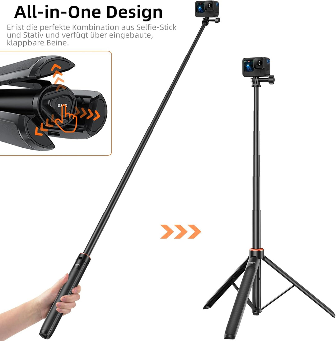 136cm Selfie Stick Stativ Set für DJI Osmo Action 5 Pro/4/3, Osmo 360, 2-in-1 Erweiterung Reisestati