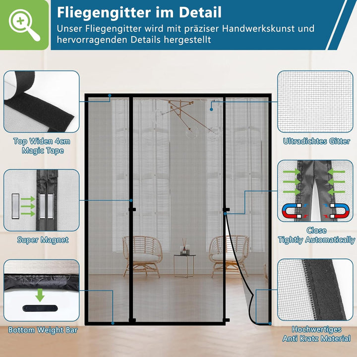 HooTown Magnet Fliegengitter Tür,130 x 212cm Fliegengitter Doppeltür | Automatisches,Ohne Bohren,4cm