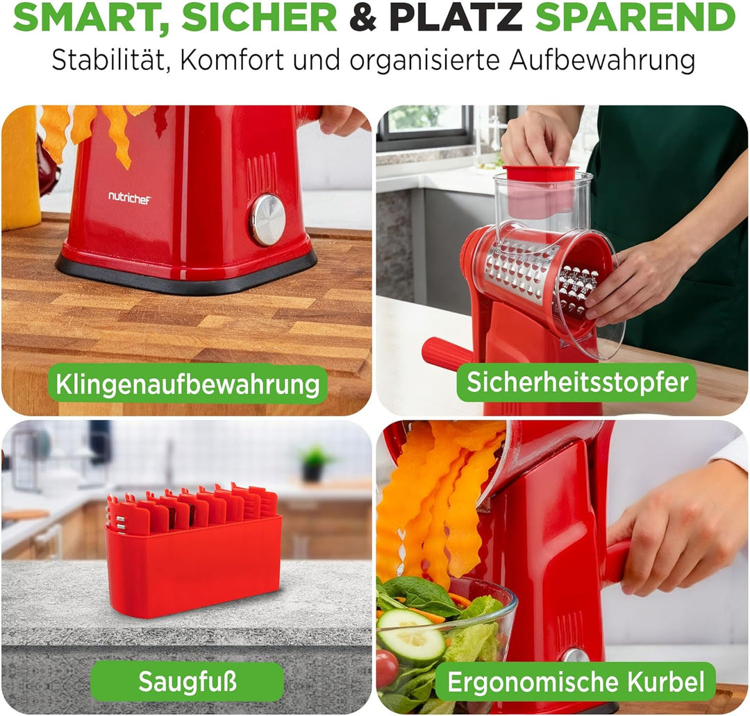 NutriChef Käsereibe mit Kurbel - Gemüsereibe inkl. 5 Trommelblättern - Ideal für Käse Gurken Karotte