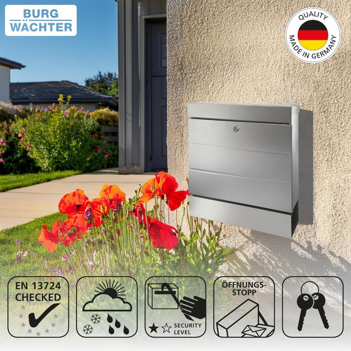 Burg-WÄCHTER Briefkasten mit Zeitungsfach ohne Namensschild, Rostfreier Edelstahl, Schutzlack, Korro
