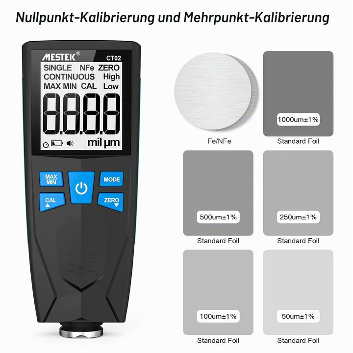 Schichtdickenmessgerät Lackschichtenmesser MESTEK Lacktester 0-1500um mit LCD-Display 2 Messmodi Hoc