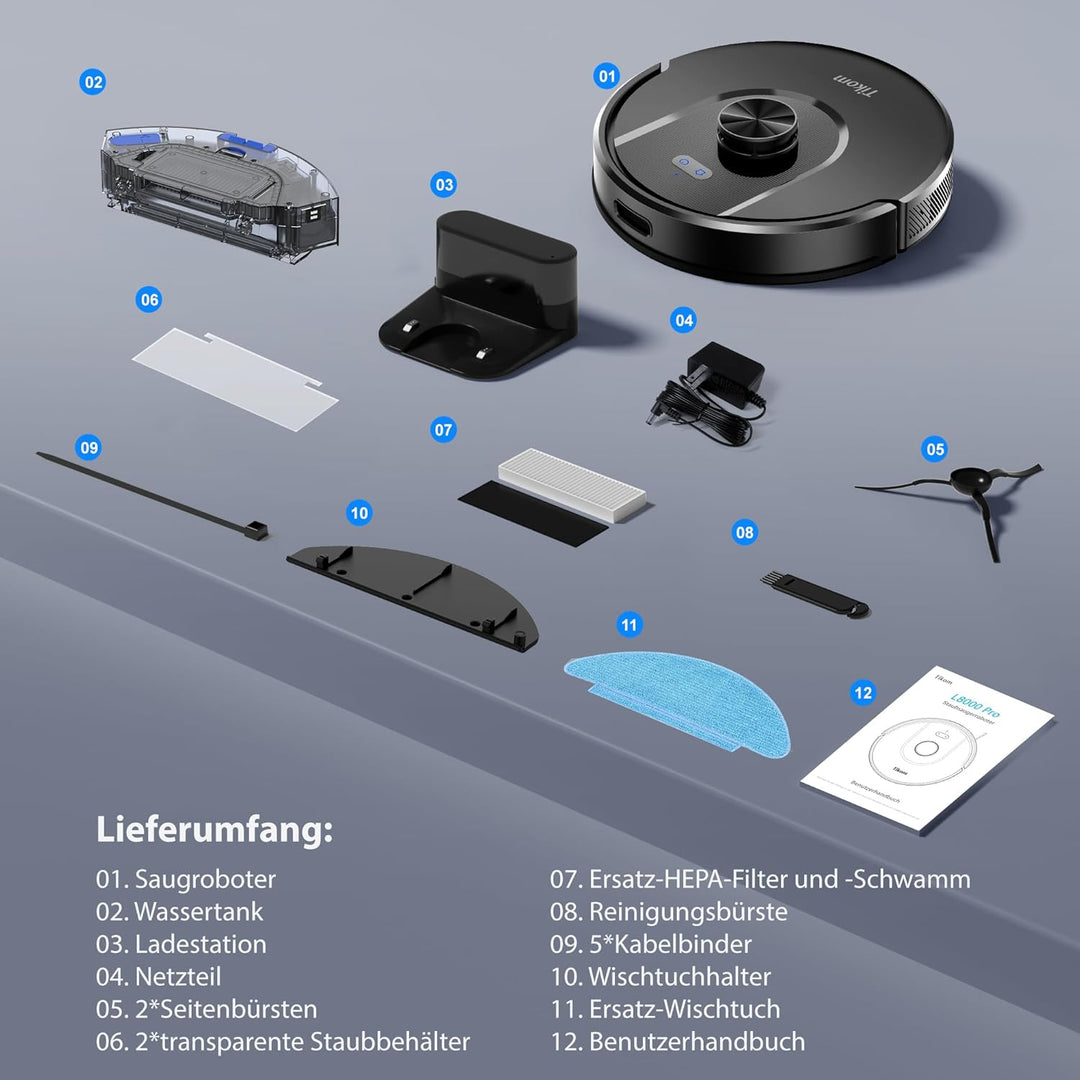 Tikom Saugroboter mit Wischfunktion, 6000Pa Staubsauger Roboter mit LiDAR Navigation, 150Min Max, AP