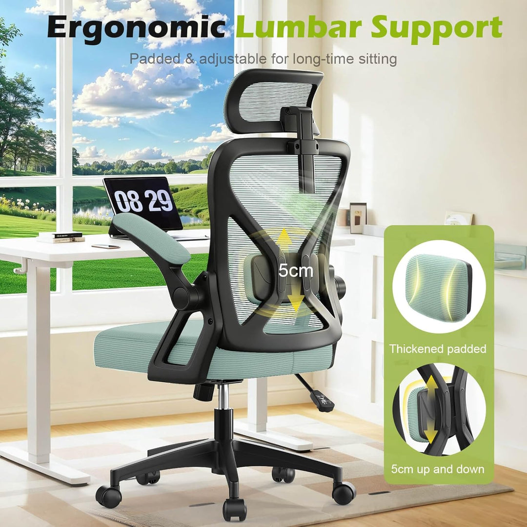Bürostuhl, ergonomischer Schreibtischstuhl mit gepolsterter Lendenwirbelstütze und hochklappbaren Ar