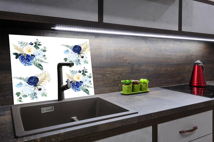 SmartDecoration Herdabdeckplatte Ceranfeldabdeckung aus Glas 60x52 cm Einteilig Motiv "Blumen" Weiss