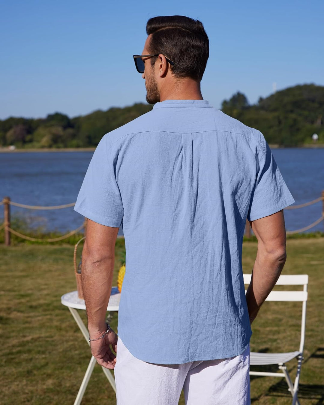 YAOBAOLE Herrenhemd, Leinen, kurzärmlig, Mao-Kragen, Sommerhemd, leicht, aus Baumwolle, Leinen, Stra