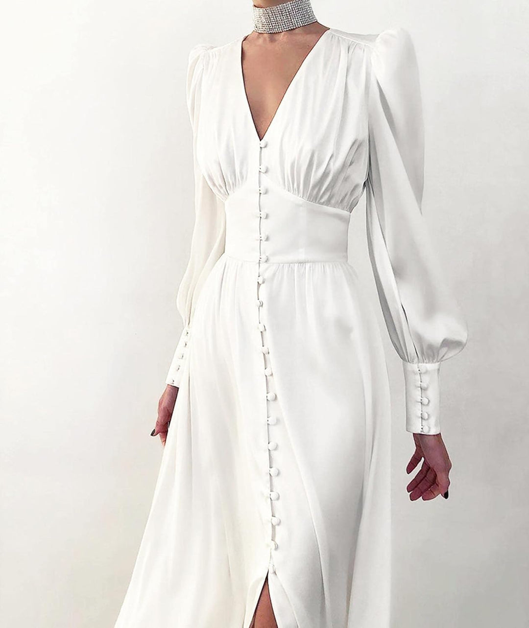 xxxiticat Damen Langarm Satin Maxikleid Lange Laternenärmel Knopfleiste Rüschen Einreihig Vintage Pu