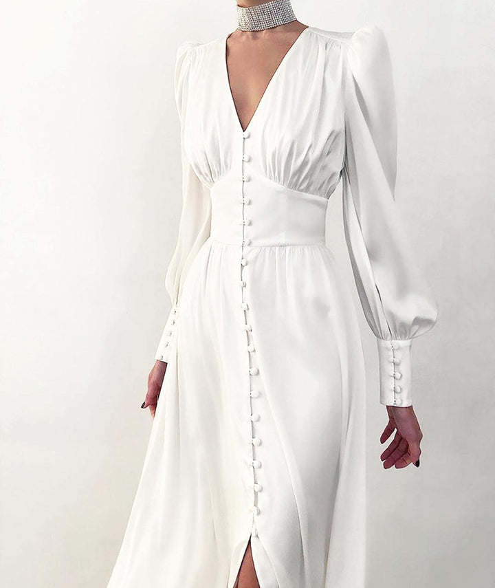 xxxiticat Damen Langarm Satin Maxikleid Lange Laternenärmel Knopfleiste Rüschen Einreihig Vintage Pu