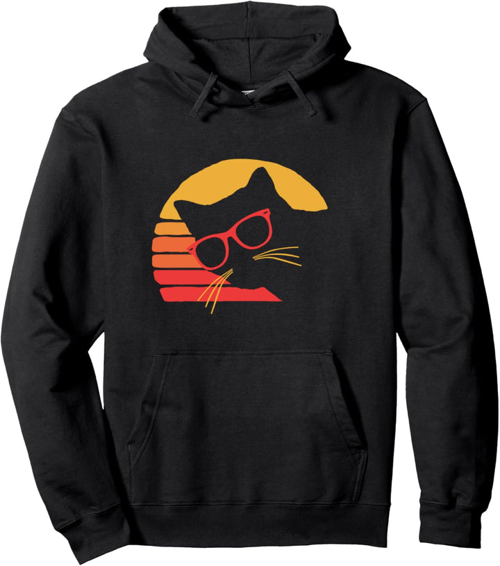 Funny Cat Vintage Eighties Style Cat Hipster Glasses Retro Pullover Hoodie
