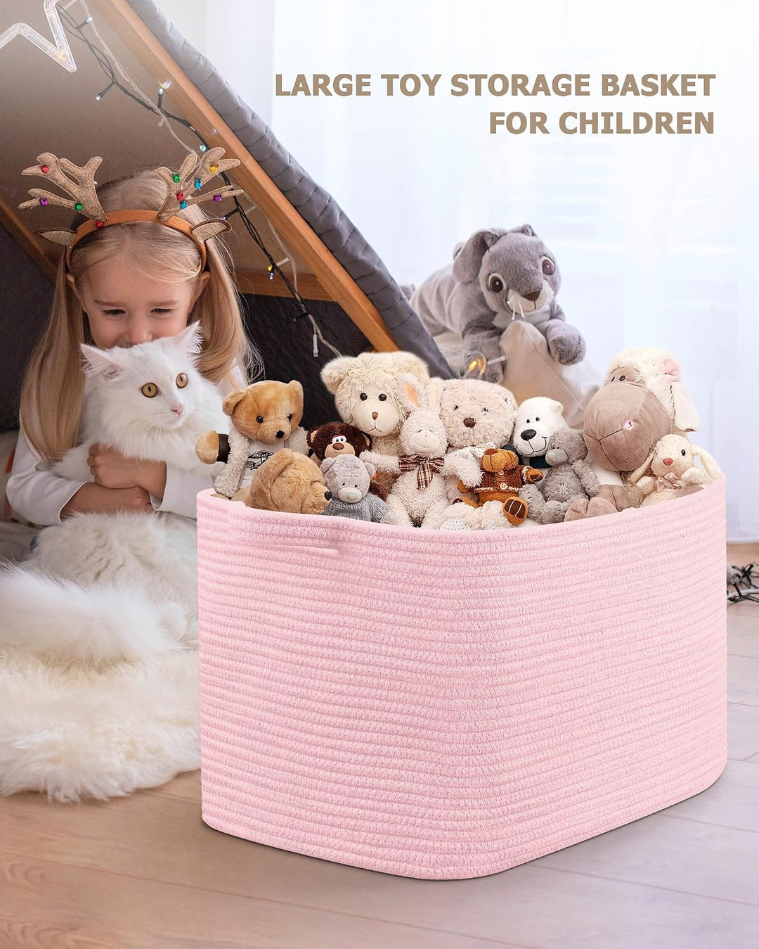 JOJOSEE Faltbarer Wäschekorb 63L Grosse Aufbewahrungskorb Hellrosa | Geflochten Laundry Baskets mit