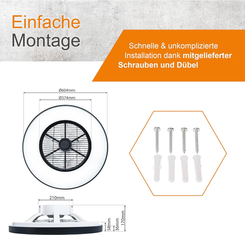 Proventa Deckenventilator mit Beleuchtung 60W - Ø 60cm, dimmbare LED Deckenleuchte mit Ventilator, w