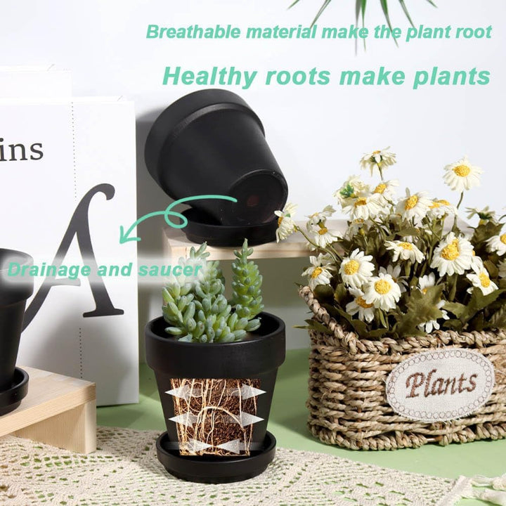 vensovo 10,2cm Schwarzer Tontopf für Pflanzen mit Untertasse - 6er Pack Kleiner Terrakotta-Pflanzent