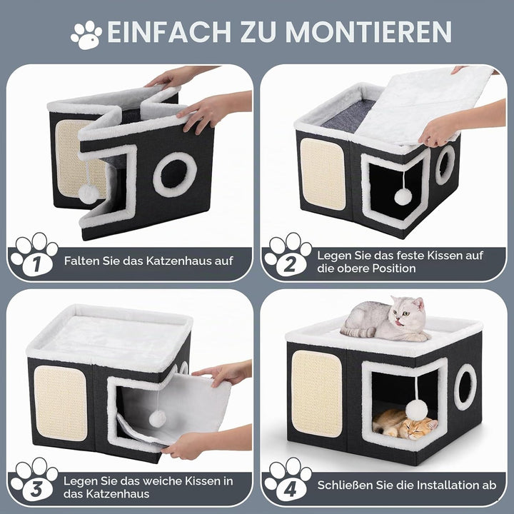 Shikha Faltbares Katzenhöhle Indoor für grosse Katzen, 43L*43B*32H cm Grosse Katzenhaus mit Kratzbre