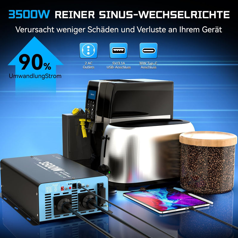OLTEANP 3500W/7000W Wechselrichter 12V auf 230V Reiner Sinus Spannungswandler Power Inverter mit 2 A