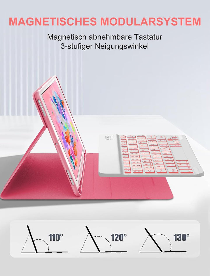 JADEMALL Für iPad 6. Generation Hülle mit DE Tastatur, Abnehmbare Bluetooth Tastatur mit 7-Farben Ba