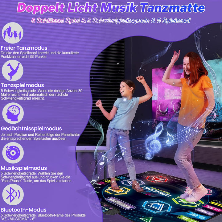 Tanzmatte für Kinder ab 3-12 Jahre, 2026 Musikmatte mit 6 LED-Lichtern&Bluetooth, 5 Modi, Tanzmatte