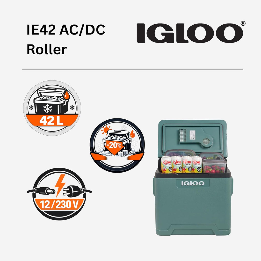 IGLOO elektrische Kühlbox IE42 mit Telekop-Griff und Rollen für Auto und Steckdose, 42 L, 12V und 23