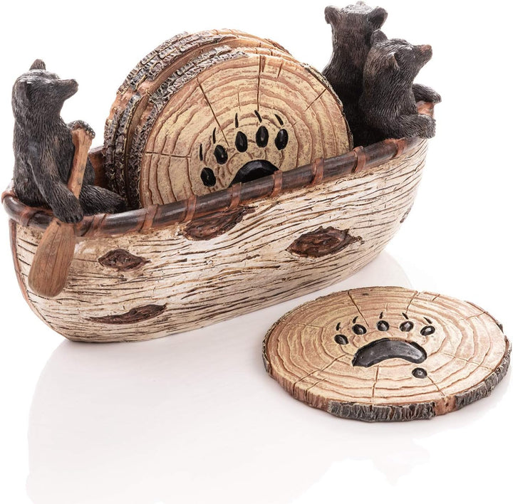 Bear Coasters Set of 6 Rustic Full Size Coasters in Handmade Canoe with Adorable Black Bear Figurine