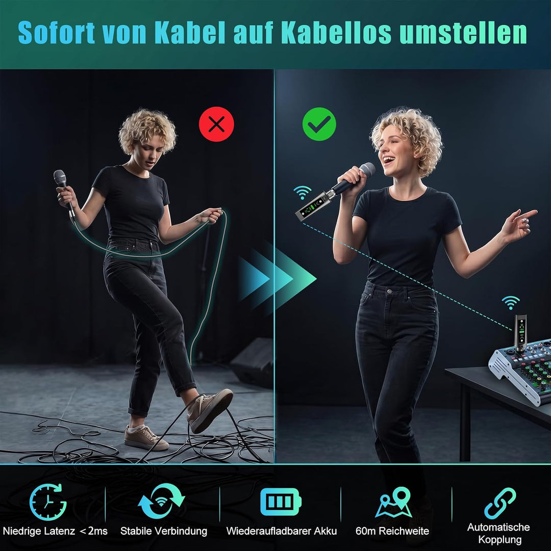 Aveek Kabelloses XLR-Sender/Empfänger für dynamisches Mikro,60 m Reichweite |, Empfänger +2 Sender