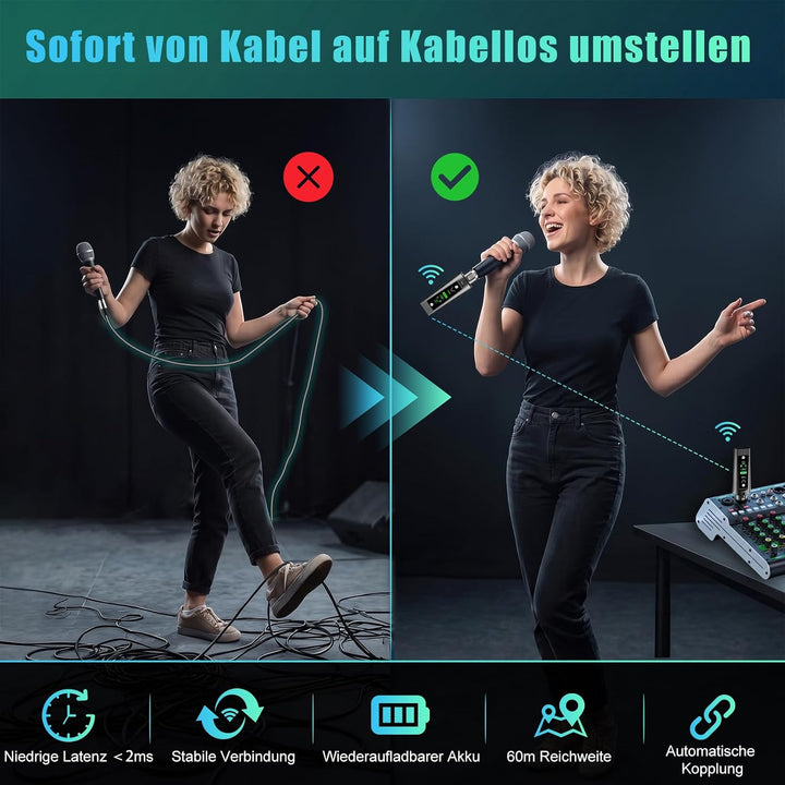 Aveek Kabelloses XLR-Sender/Empfänger für dynamisches Mikro,60 m Reichweite |, Empfänger +2 Sender
