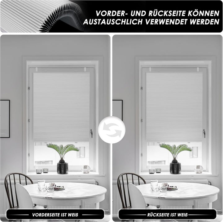 Allesin Wabenplissee ohne Bohren Verdunklung Thermo Doppelplissee Klemmfix Zweifarbig Weiss-weiss 80