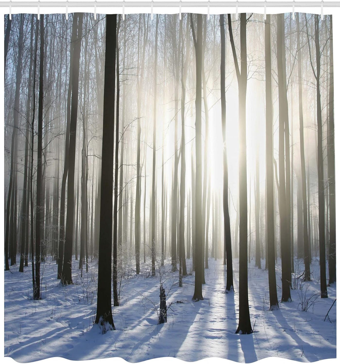 ABAKUHAUS Winter Duschvorhang, Wald Dezember Morgen, Stoffliches Gewebe Badezimmerdekorationsset mit