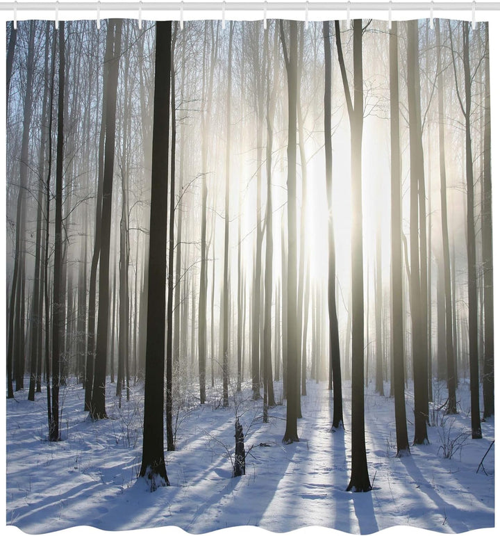 ABAKUHAUS Winter Duschvorhang, Wald Dezember Morgen, Stoffliches Gewebe Badezimmerdekorationsset mit