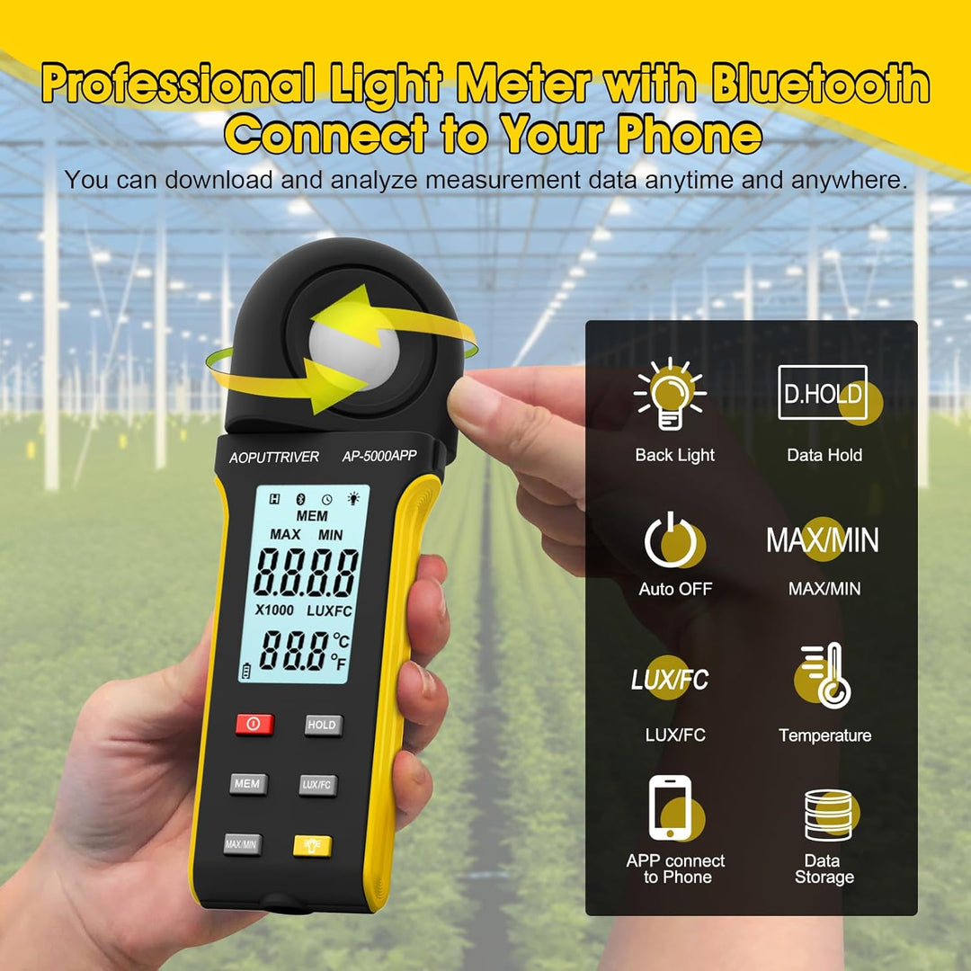 AP-5000APP Digital Luxmeter, Lichtmessgerät Messen 0,1~400.000 Lux Fusskerzen mit 270º Drehbarem Sen