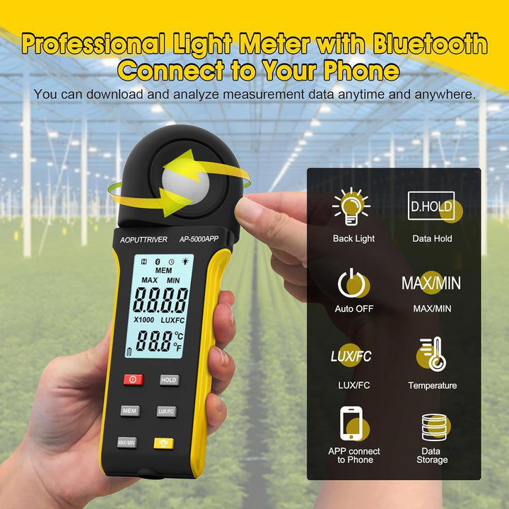 AP-5000APP Digital Luxmeter, Lichtmessgerät Messen 0,1~400.000 Lux Fusskerzen mit 270º Drehbarem Sen