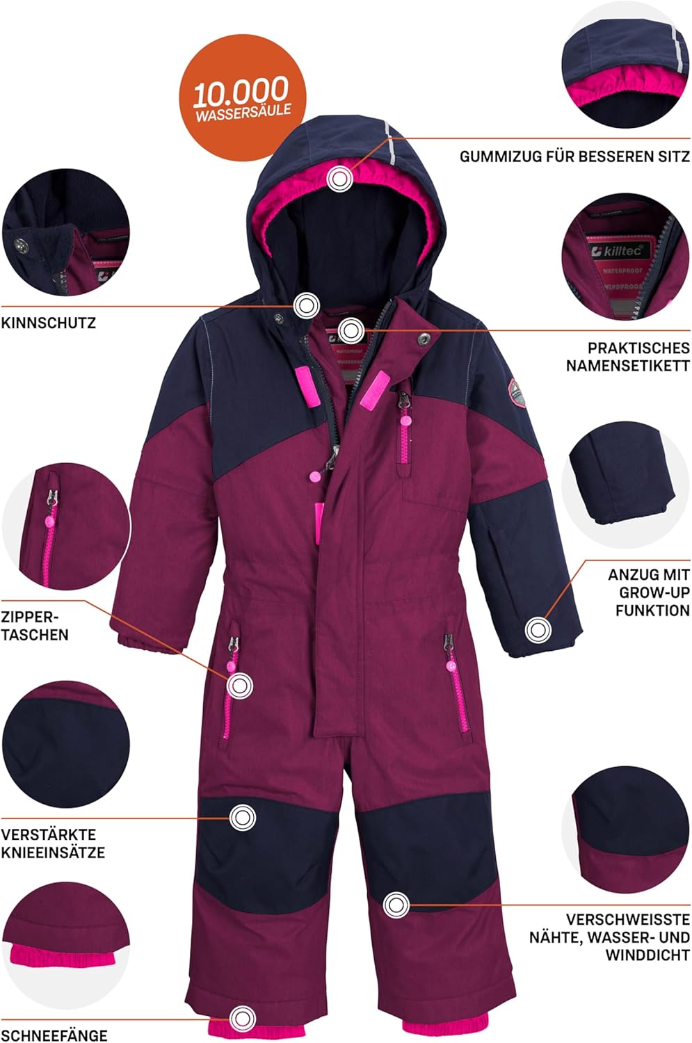 Killtec Unisex Kinder Kesley Mini Skioverall/Schneeanzug Mit Kapuze 86-92 pflaume, 86-92 pflaume