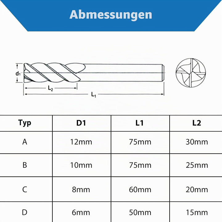 TJR Hartmetall 4-Schneider Uni Mill Set (6/8/10/12mm) – Mikrokorn-Hartmetall-Fräser mit TiAlN-Beschi
