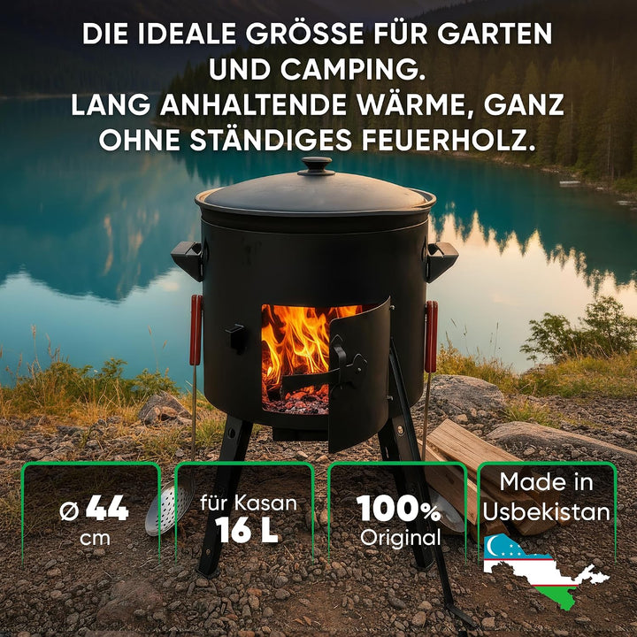 Utschak Feuerofen Ø 44cm mit Usbekisch Kazan Gusseisen 16L | 3x Schaumlöffel | Kasan-Set Flacher Bod