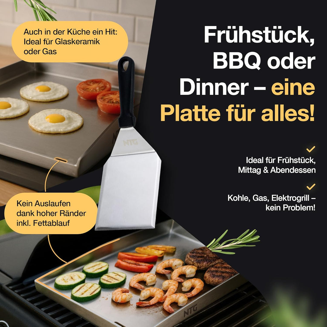 NTG - Grillplatte aus 4mm rostfreiem Edelstahl [40 x 30cm] - Plancha mit Fettablauf und Grillspachte