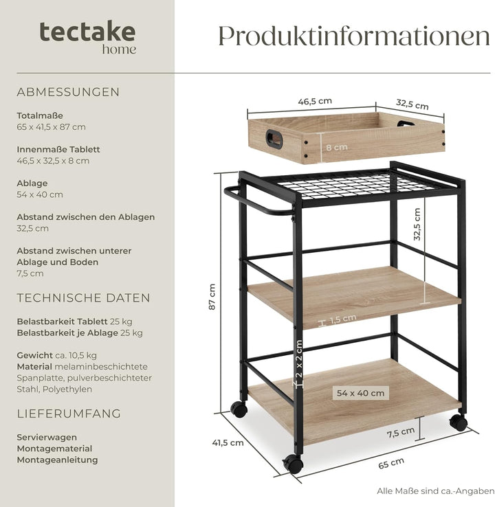 tectake® Servierwagen mit Rollen, abnehmbares Tablett, Kitchen Trolley 65 x 41,5 x 87 cm, Küchenwage