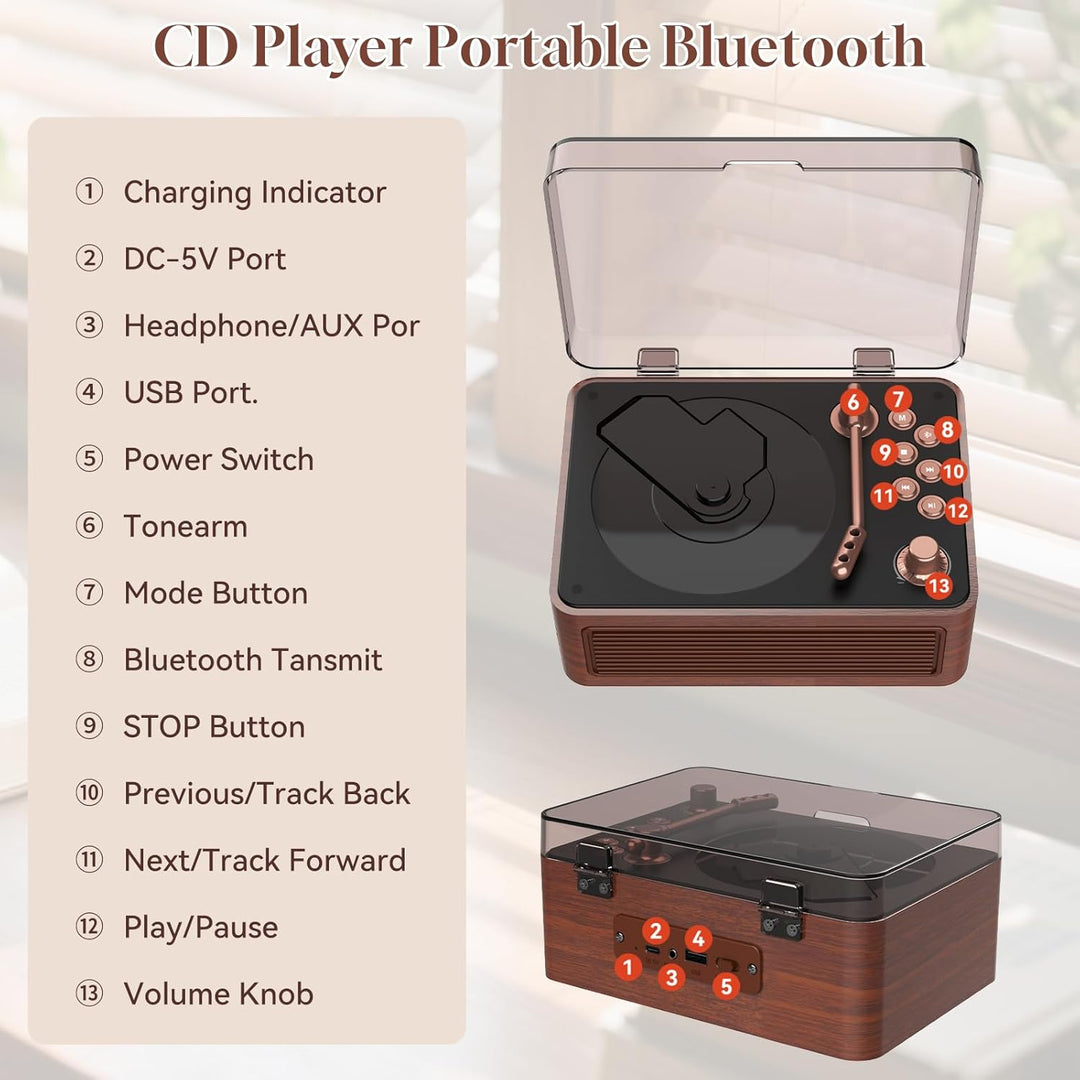 Gueray Tragbarer CD Player Bluetooth CD-Player mit Lautsprecher & Radio & Fernbedienung Unterstützt