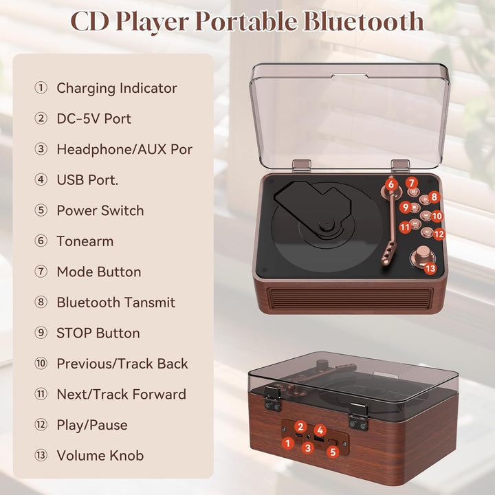 Gueray Tragbarer CD Player Bluetooth CD-Player mit Lautsprecher & Radio & Fernbedienung Unterstützt
