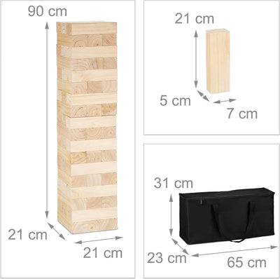 Relaxdays Wackelturm XXL, Holzturm Spiel Garten, mit Tasche, 54 Steine, Riesenwackelturm HBT: 90 x 2