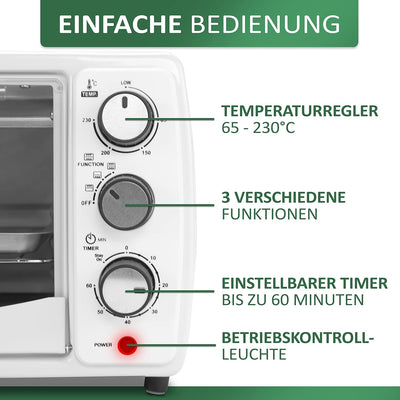 Mini Backofen 13 Liter | 1200 Watt | Pizzaofen | 65°-230°C | Timer | aufklappbares Krümelblech | Min