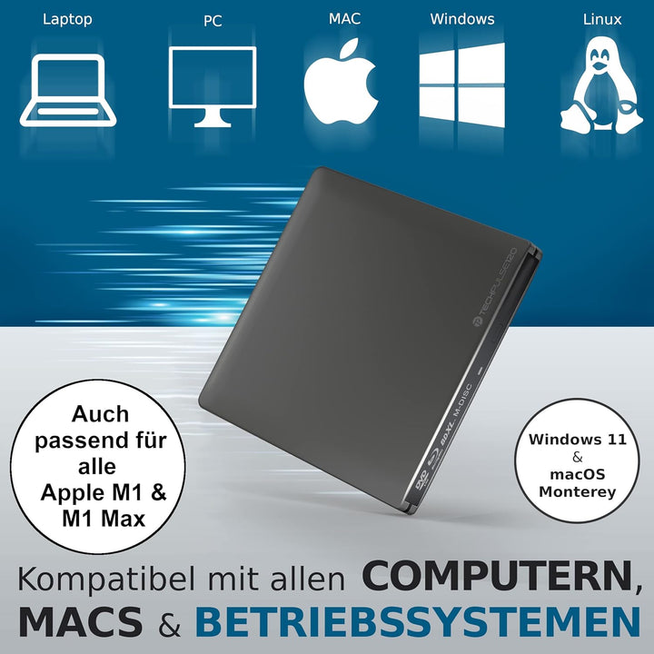 techPulse120 USB 3.0 Typ-C externer Blu-ray Brenner 3D M-Disc BDXL 100GB Burner Superdrive Blueray L