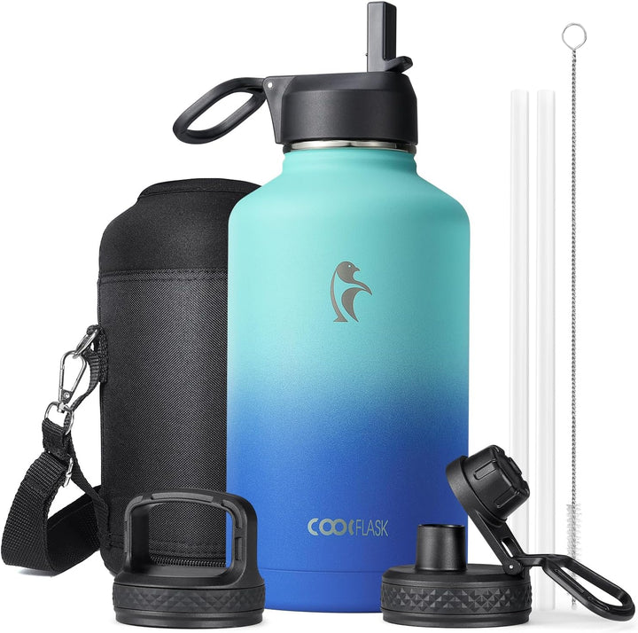 Isolierte Wasserflasche 2L, Coolflask Wasserflasche mit Strohhalm & 3 Deckeln, Edelstahl Isolierte t