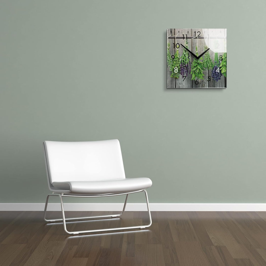 FLEXISTYLE Wanduhr küche Wohnzimmer 30 x 30 cm, aus Glas, mit Direktdruck eckig modern (PFLANZENBÜND