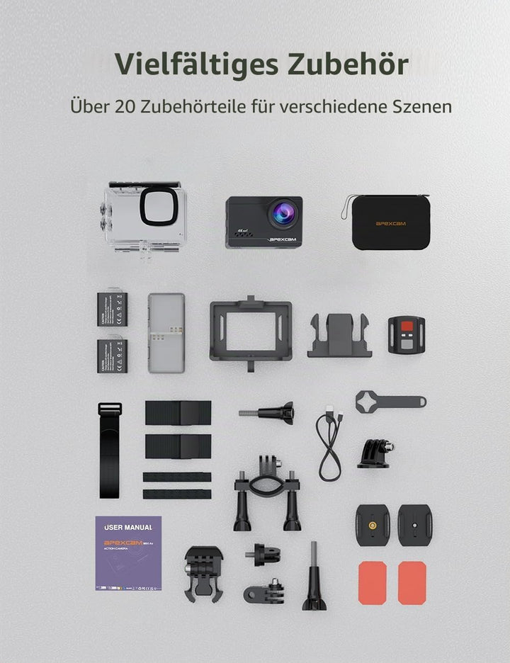 Apexcam M80Air Action Cam 4K60FPS 64MP Unterwasserkamera 40m Wasserdicht EIS Stabilisierung 8X Zoom