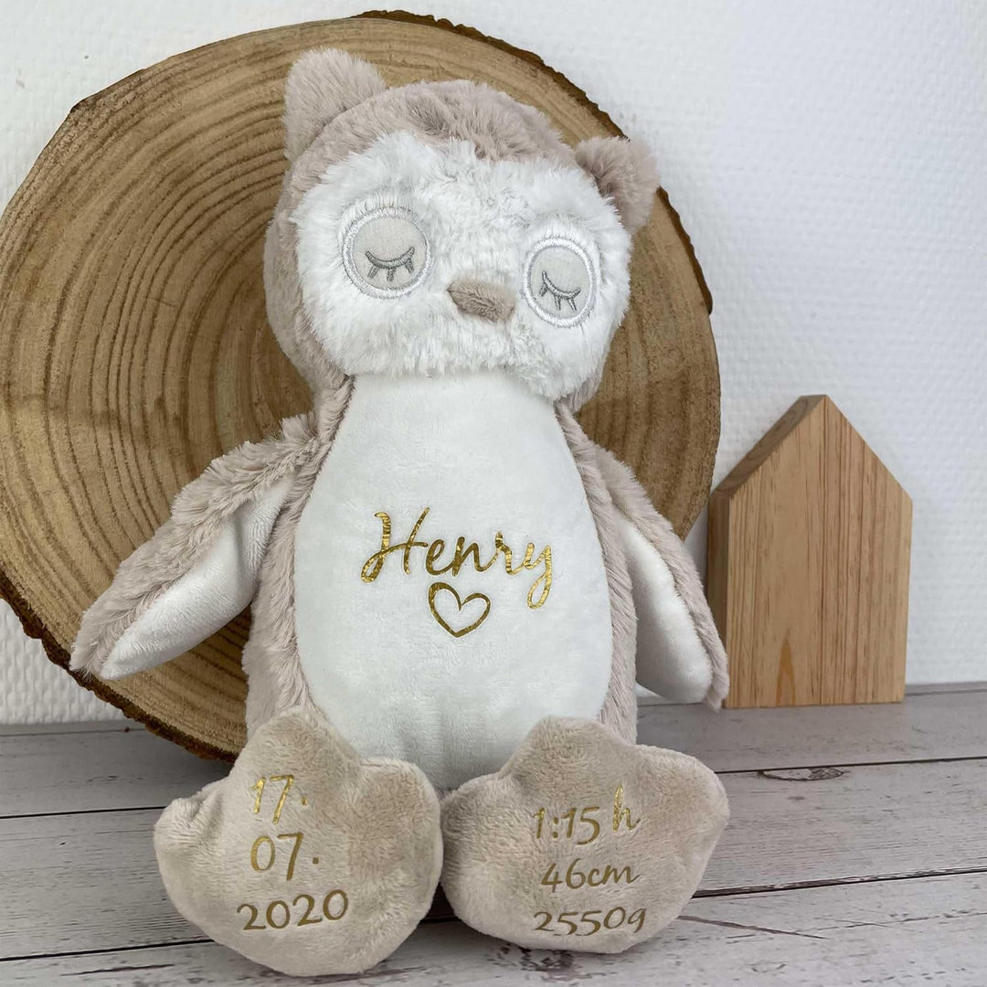 mamir home Eule Kuscheltier personalisiert mit Name + Geburtsdaten I 28cm Plüschtier I Baby Geschenk