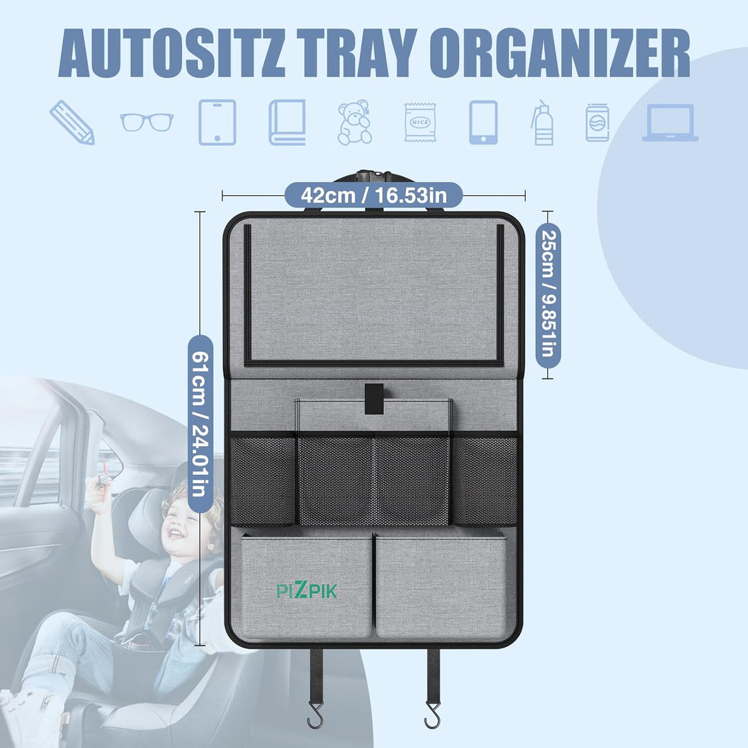 Plzpik Auto Organizer,2 Grosse Rückenlehnenschutz,Autositz Organizer Kinder mit Klapptisch, 12 Tasch