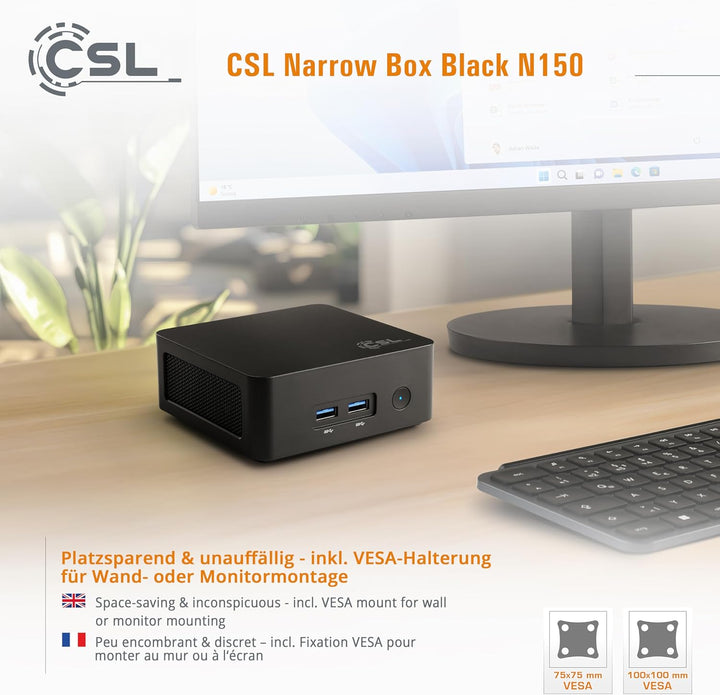 Mini PC CSL Narrow Box Black Windows 11 Pro, Intel N150 4X 3600 MHz Turbotakt, 500 GB M.2 SSD, 16 GB
