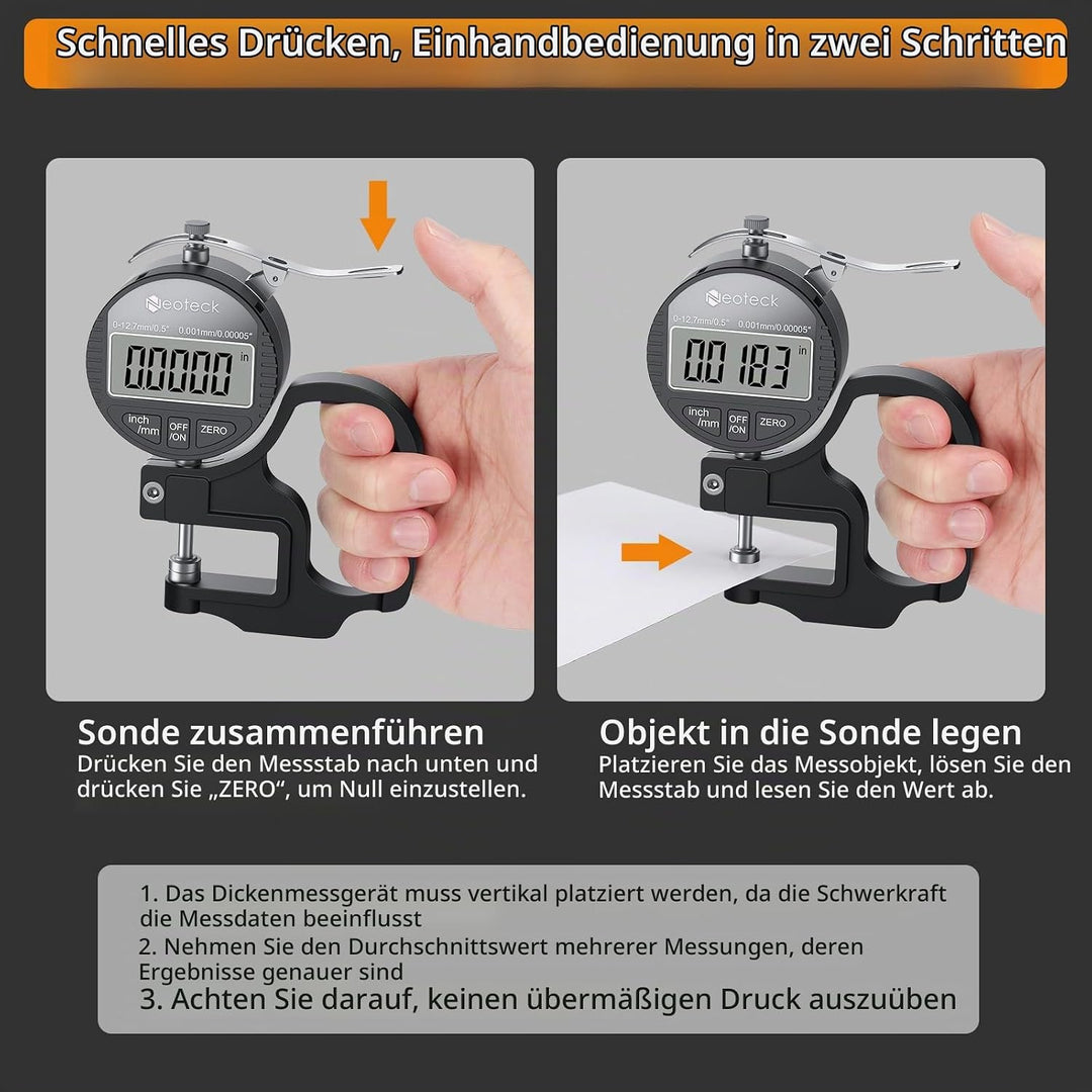 Neoteck Tragbarer Digitaler Dickenmessstreifen 0-12,7 mm Messbereich 0,001/0,00005 &