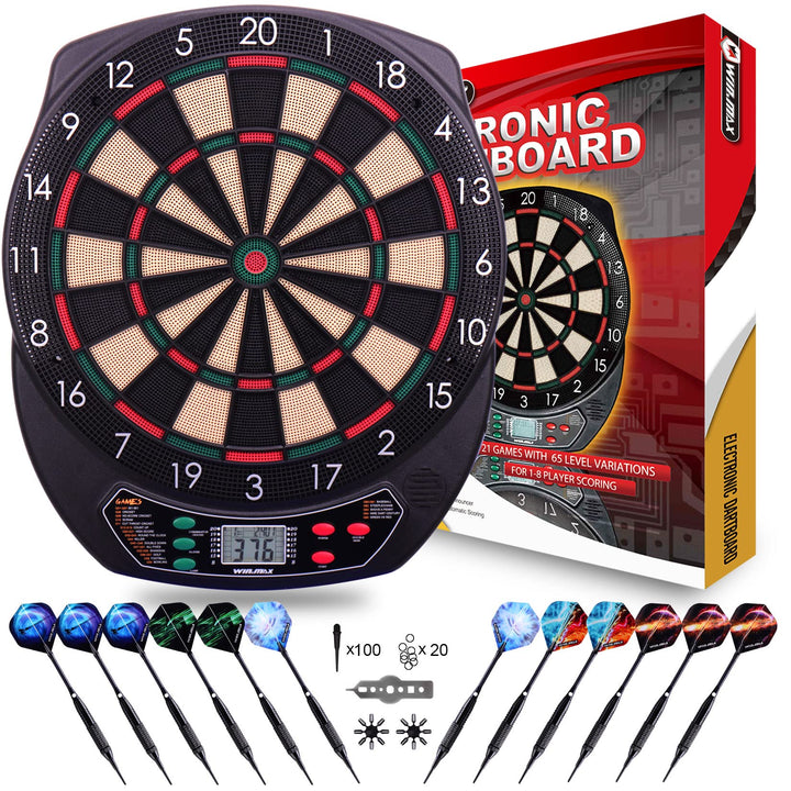 Elektronische Dartscheibe Profi Set mit 65 Varianten für 1 bis 8 Spieler mit 12 Darts + 12 Pro Fligh