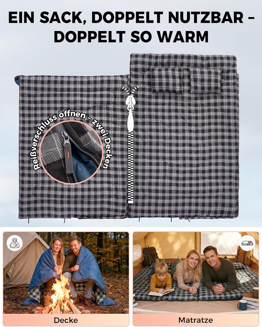 KingCamp Doppelschlafsack Baumwolle Flanell Winter Schlafsack 2 Personen Warmer Deckenschlafsack 3-4