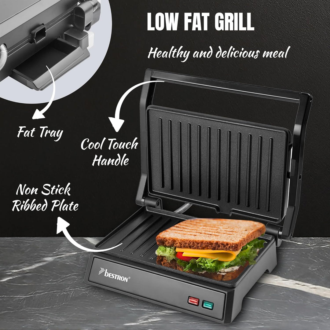 Bestron elektrischer Kontaktgrill mit Auffangschale, Sandwichmaker mit Cool-Touch-Handgriff, Paninim